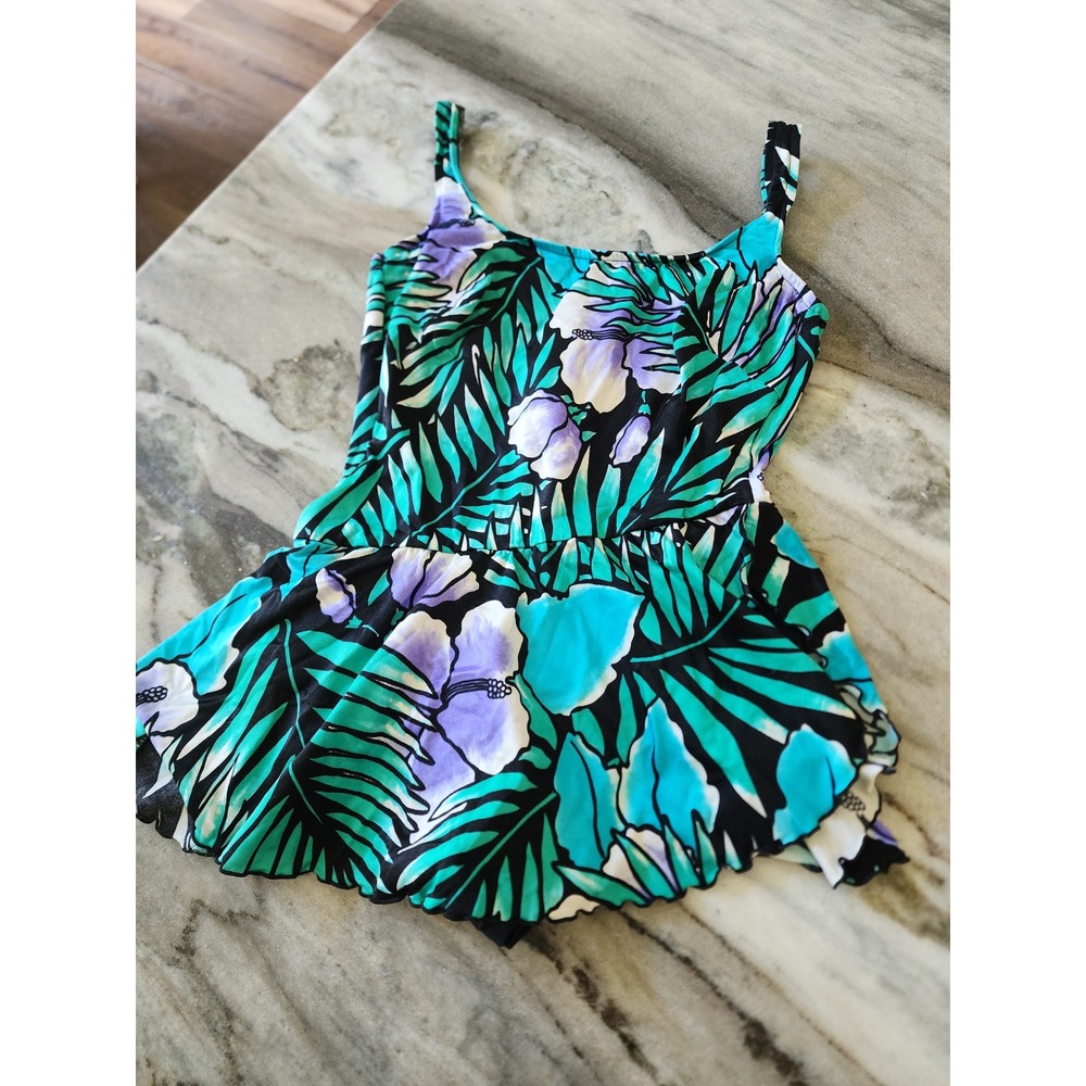 Vintage Robby Len Tropical Floral Swimdress One Piece Teal Purple USA Made